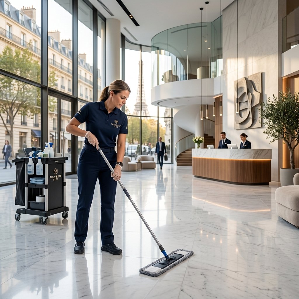 Professionnel de Cinalex Services Pro effectuant le nettoyage d'un bureau à Bergerac